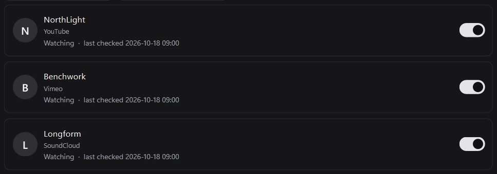 The Creator Watch page listing three creators with their platform, last check and a Watching switch