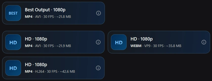 Format cards for a video: Best Output and three 1080p options with their codecs, frame rates and sizes