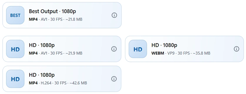 Format cards for a video: Best Output and three 1080p options with their codecs, frame rates and sizes