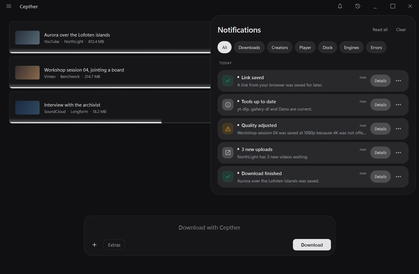 The notification panel open over the home screen, with category tabs and five entries