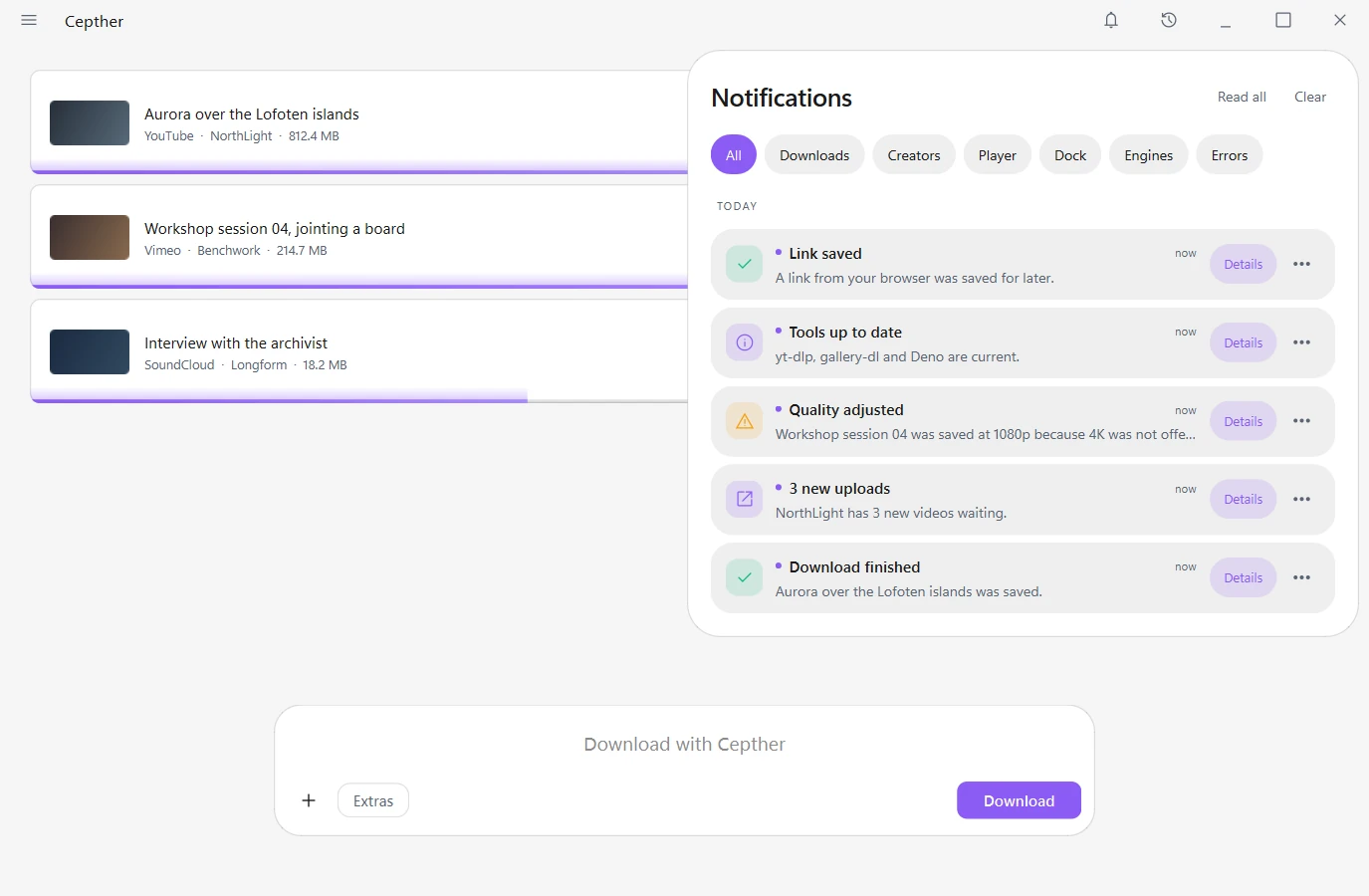 The notification panel open over the home screen, with category tabs and five entries